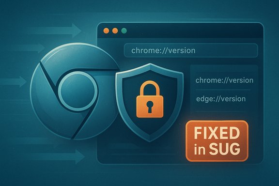 Security-themed Chrome version illustration with a shielded lock and a FIXED in SUG badge.