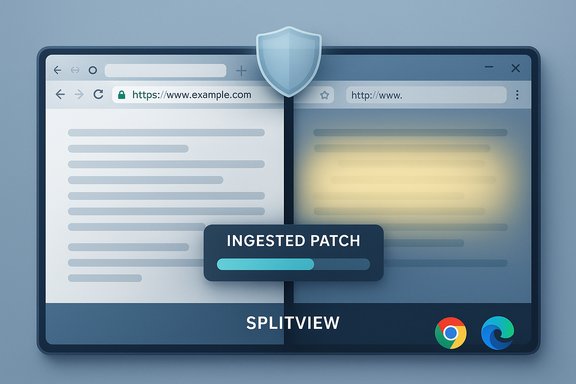 Split-view browser on a tablet with a shield overlay and an “Ingested Patch” progress bar.