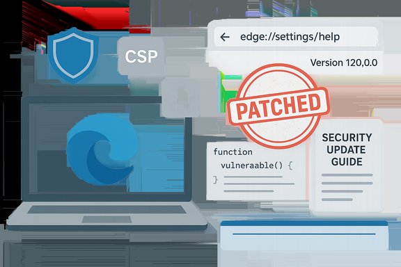 Futuristic security dashboard showing a PATCHED update for Edge with vulnerability notes.