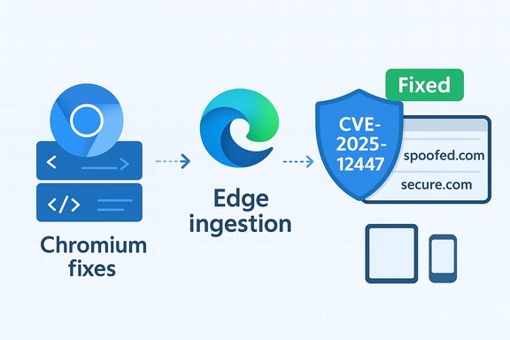 Chromium fixes flow into Edge ingestion, then CVE-2025-12447 is fixed against spoofed sites.