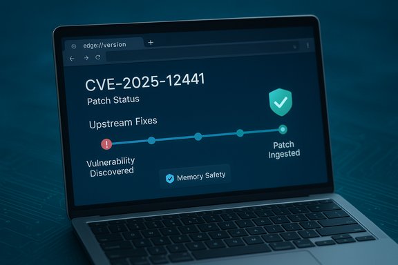 Laptop screen displaying CVE-2025-12441 patch status with upstream fixes and a vulnerability progress bar.