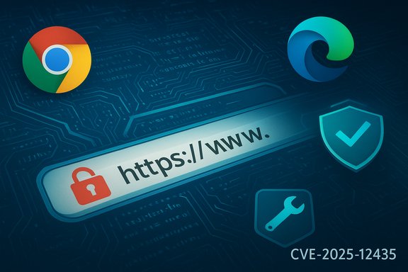 Cybersecurity illustration featuring Chrome and Edge logos around a secure HTTPS bar with CVE-2025-12435.