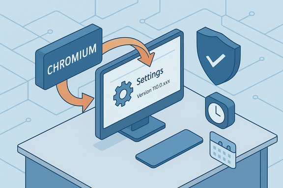 Chromium settings shown on a monitor, featuring a gear icon, arrows, shield, and calendar.