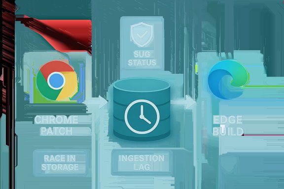 A data pipeline diagram showing Chrome Patch feeding a central database to Edge Build.