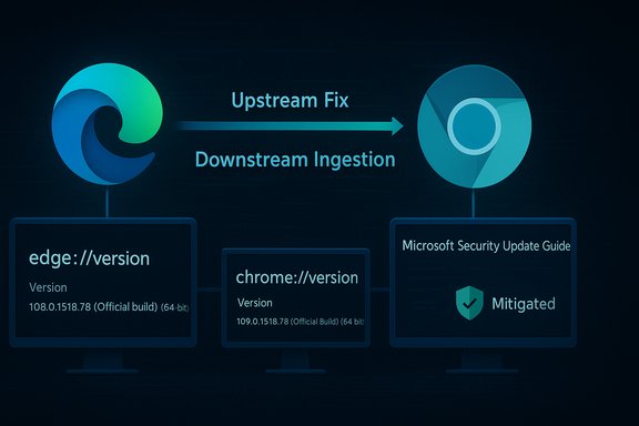 Infographic illustrating Edge to Chrome upstream fix and downstream ingestion toward Microsoft Security Update Guide. Infographic illustrating Edge to Chrome upstream fix and downstream ingestion toward Microsoft Security Update Guide.