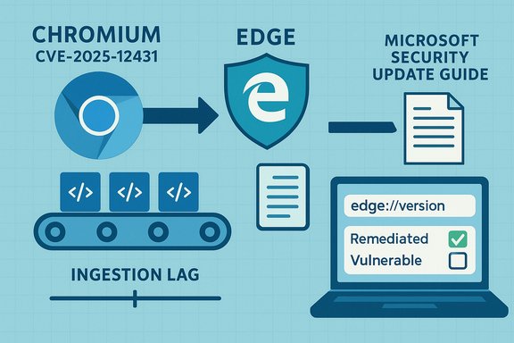 Chromium CVE-2025-12431 flows to Edge shield and update guide, with remediation status shown on edge://version.