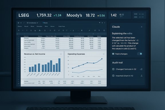 A dark blue financial analytics dashboard on a monitor with charts and ticker numbers.