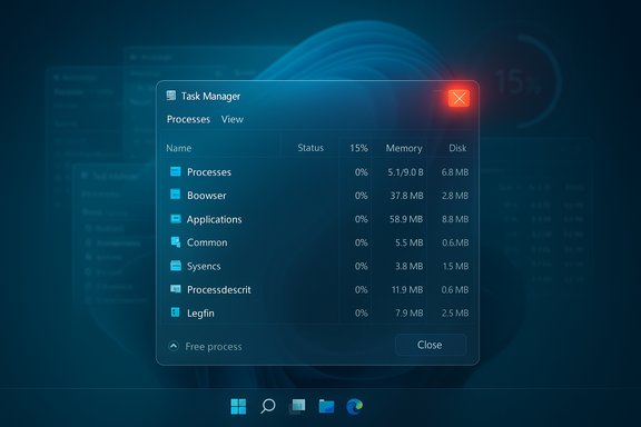 A blue-tinted, futuristic Task Manager window shows running processes on a dark desktop. A blue-tinted, futuristic Task Manager window shows running processes on a dark desktop.