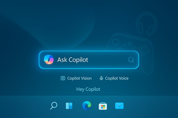 A glowing 'Ask Copilot' search bar with Copilot Vision and Copilot Voice on a blue UI.