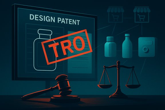 Design patent stamped TRO, with a gavel and scales of justice. Design patent stamped TRO, with a gavel and scales of justice.