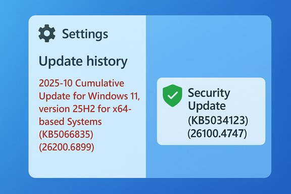 Split settings UI showing Update history on the left and a Security Update card on the right.