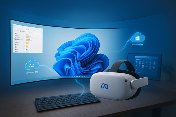 A curved monitor displays Windows 365 cloud icons as a VR headset rests on a desk.