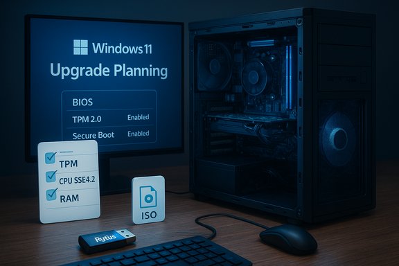 A PC setup shows Windows 11 Upgrade Planning screen with TPM/BIOS status and ISO icon.