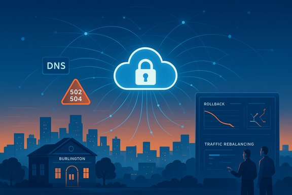 Cloud security hub with a lock icon, DNS warning, and traffic rebalancing dashboard over a city.