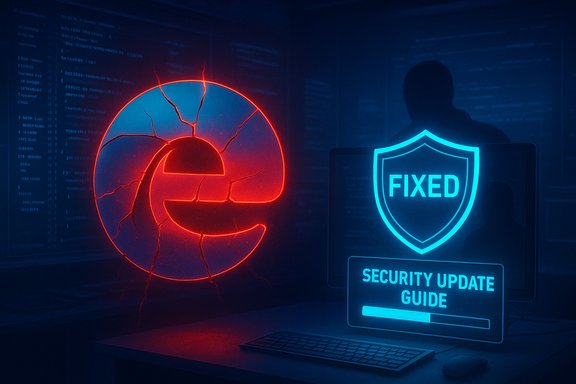 Cybersecurity scene: cracked red euro symbol beside a glowing FIXED shield and a security update bar.