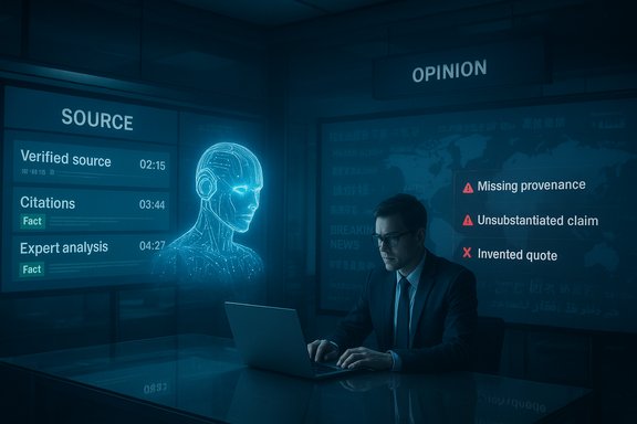 A man in a suit works on a laptop while holographic screens display source and opinion.