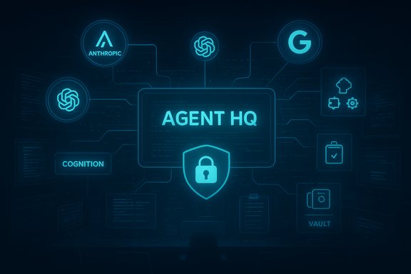 Neon blue schematic of AI Agent HQ with a lock shield and interconnected logos.