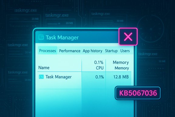 Neon-styled Task Manager window showing processes with CPU/memory stats and a pink X close button.