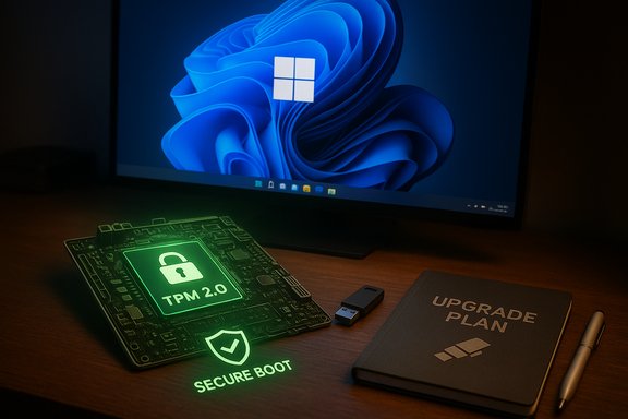 Desk setup featuring a glowing TPM 2.0 chip with Secure Boot, a USB drive, and an upgrade plan notebook.