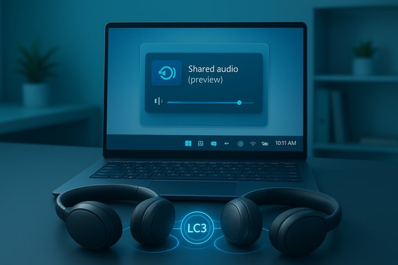 Laptop shows audio sharing preview on screen with blue LC3 headphones glowing in front.