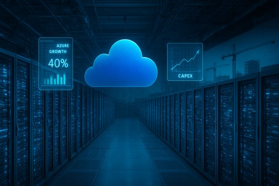 A data center corridor with a glowing cloud icon and graphs for Azure growth and CAPEX.