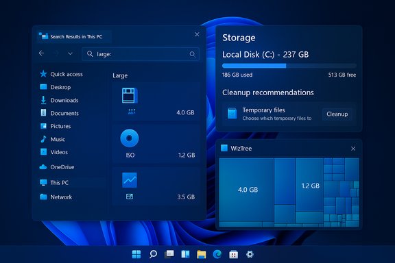 Windows 11 desktop showing dark File Explorer and a storage panel for the C: drive.