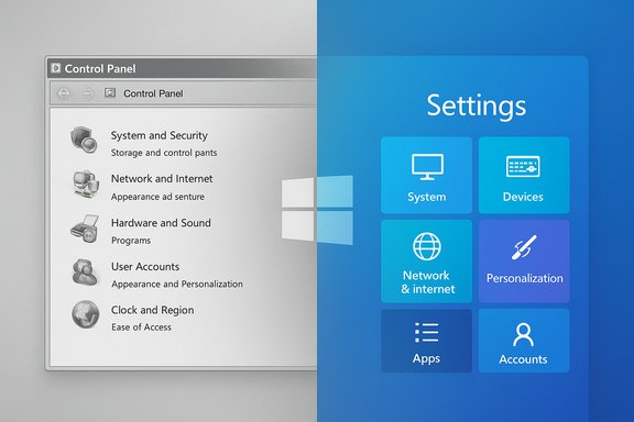 Split-screen comparison of classic Control Panel on the left and modern Windows Settings on the right.