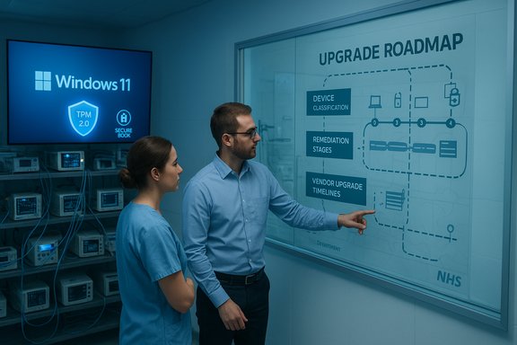 Two professionals review a Windows 11 upgrade roadmap on a glass wall in a tech lab.