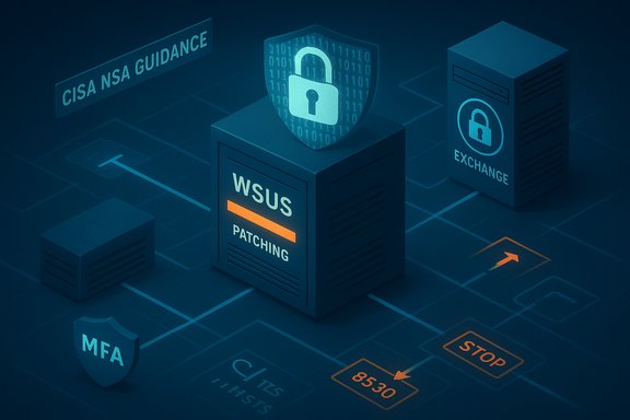Isometric security scene showing WSUS patching with shields and secure servers.