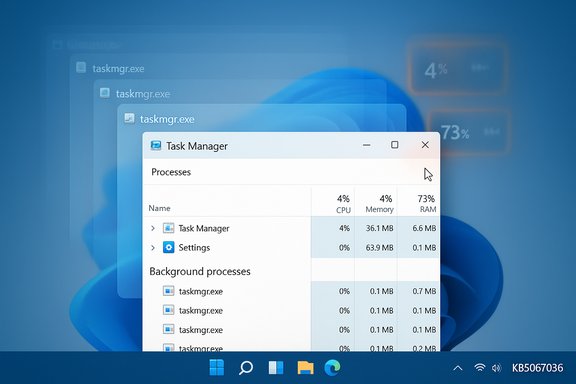 Windows 11 Task Manager with overlapping windows on a blue background.