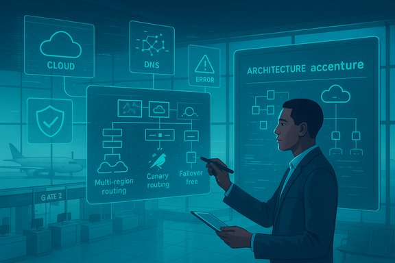 A tech professional analyzes cloud architecture and routing diagrams on holographic screens at the airport.