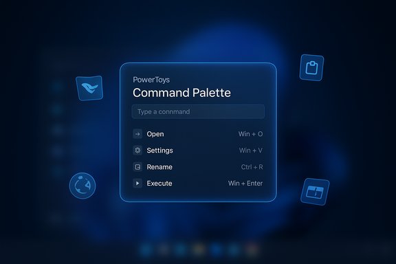 A glowing blue “PowerToys Command Palette” UI panel floating over a dark, blurred background.