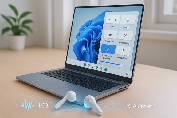 Sleek laptop on a wooden desk with glowing wireless earbuds, promoting Auracast LC3.
