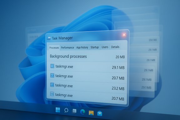 Windows Task Manager displaying background processes and several taskmgr.exe entries.