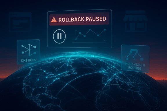 Global network visualization with a ROLLBACK PAUSED alert and routing diagrams. Global network visualization with a ROLLBACK PAUSED alert and routing diagrams.