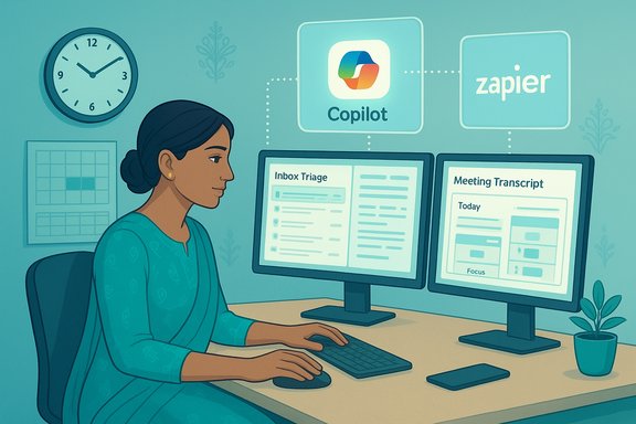 A woman uses two monitors to triage inboxes and meeting transcripts with Copilot and Zapier. A woman uses two monitors to triage inboxes and meeting transcripts with Copilot and Zapier.