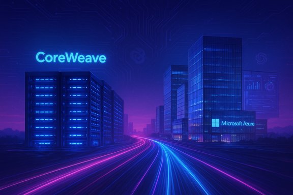 Futuristic neon cityscape featuring CoreWeave and Microsoft Azure logos.