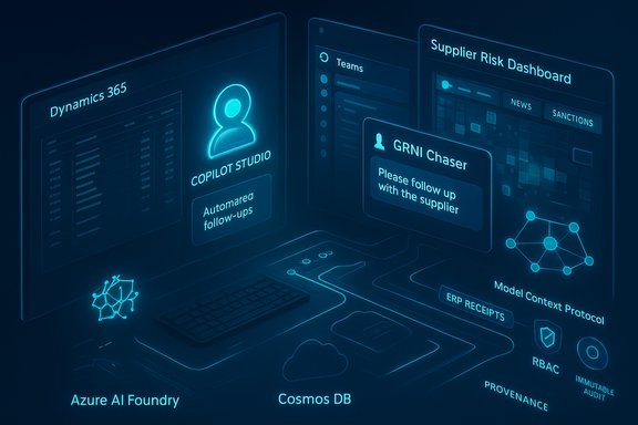 Neon blue holographic dashboards display Dynamics 365, Copilot Studio, and supplier risk analytics.