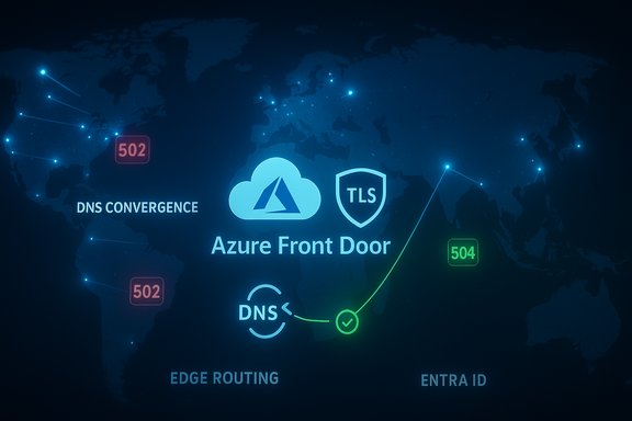 Global map showing Azure Front Door with DNS convergence, TLS shield, and edge routing.
