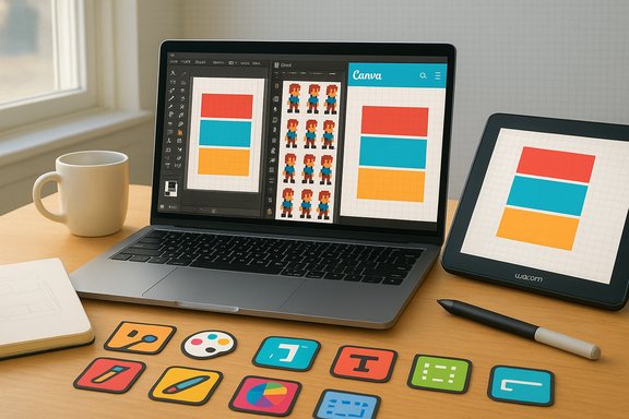 A designer's desk with a laptop and Wacom tablet showing color swatches and layouts.