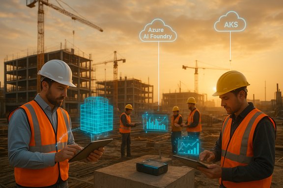 Construction crew at sunset view holographic cloud data for Azure AI Foundry and AKS.