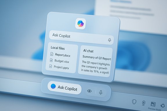 A futuristic dashboard card titled 'Ask Copilot' displaying local files and an AI chat pane.