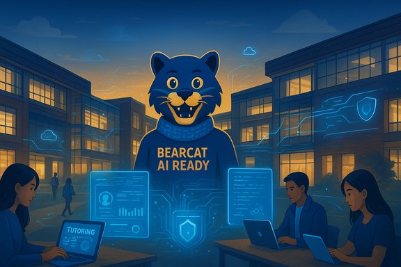Bearcat AI mascot towers over students at a tech campus, illuminated by holographic dashboards.