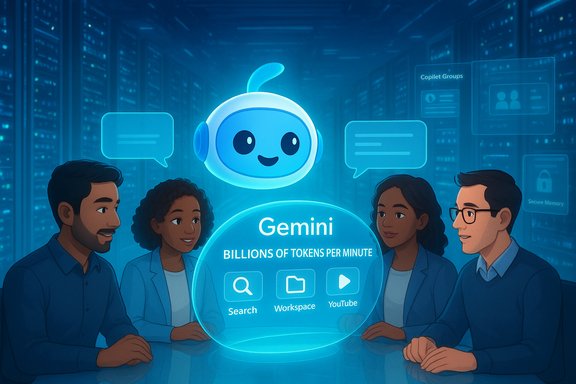 A team gathers around a glowing Gemini token in a high-tech data center.