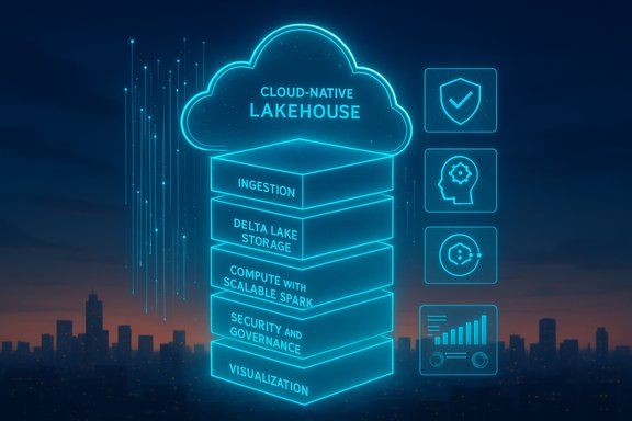 Neon cloud-native lakehouse with layers: ingestion, Delta Lake storage, Spark compute, security, visualization.