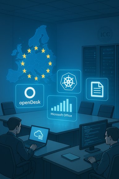 Two professionals in a conference room, with holographic icons of EU, Kubernetes, OpenDesk, and MS Office.