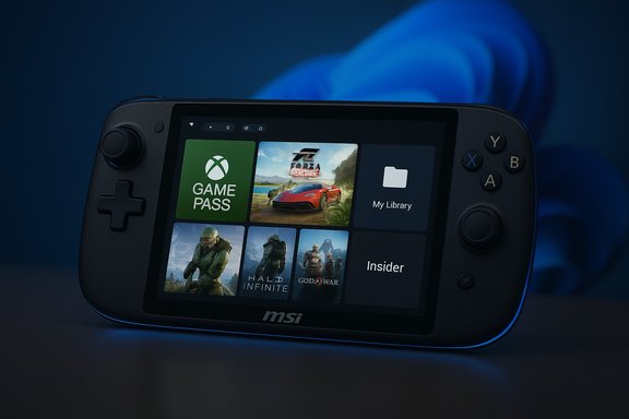 MSI handheld gaming device displaying a game library with Game Pass and popular titles.