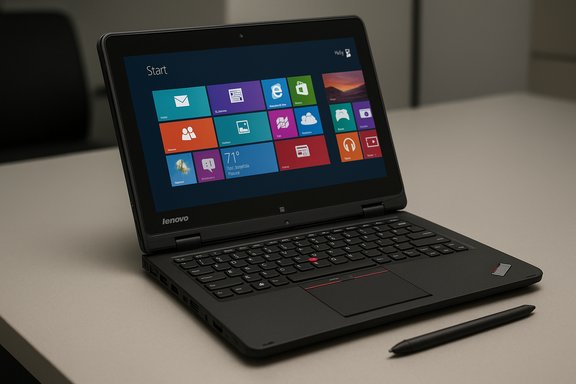 Lenovo laptop on a desk displaying Windows Start screen with a nearby stylus.