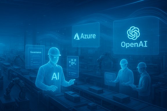 Futuristic factory scene with AI workers and holographic Azure and OpenAI branding.