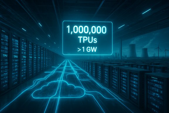 Futuristic data center with neon-lit racks and a glowing sign: 1,000,000 TPUs > 1 GW. Futuristic data center with neon-lit racks and a glowing sign: 1,000,000 TPUs > 1 GW.